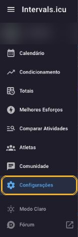 Menu do Intervals.icu com Configurações destacado