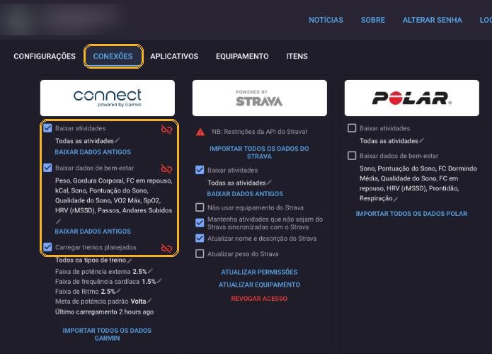 Aba Conexões com o cartão do Garmin e as opções marcadas